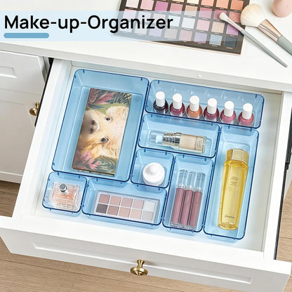 Vtopmart 25 PCS Clear Plastic Drawer Organizers Set, 4-Size Versatile Bathroom and Vanity Drawer Organizer Trays, Storage Bins for Makeup, Bedroom, Kitchen Gadgets Utensils and Office