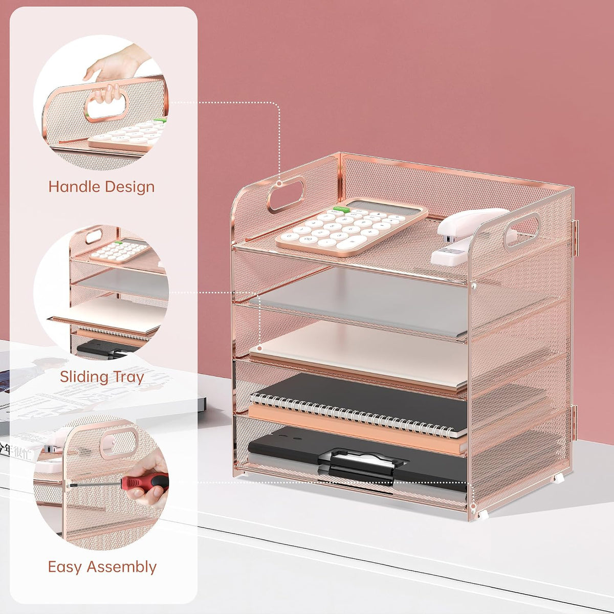 Supeasy 5 Trays Paper Organizer Letter Tray with Handle-Mesh Desk File Holders, Paper Sorter Desk Organizer for Office, Home, Classroom or School