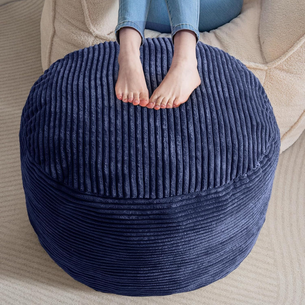 Round Stuffed Pouf Ottoman, Corduroy Poufs with Foam Chunk Filling, Furry and Fluffy Pouf Foot Stool Storage Ottoman, 20 X 15 Floor Poufs Foot Rest for Living Room, Dark Grey