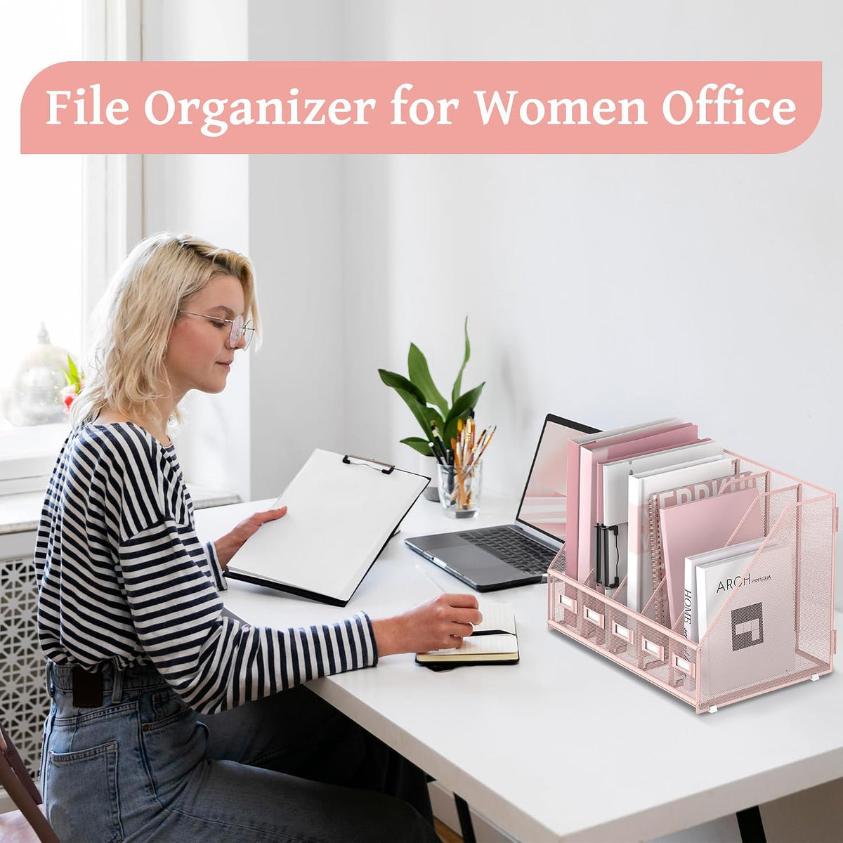 Desk Organizers Metal Desk Magazine File Holder with 5 Vertical Compartments Rack File Organizer for Office Desktop, Classroom, Home Workspace, Black
