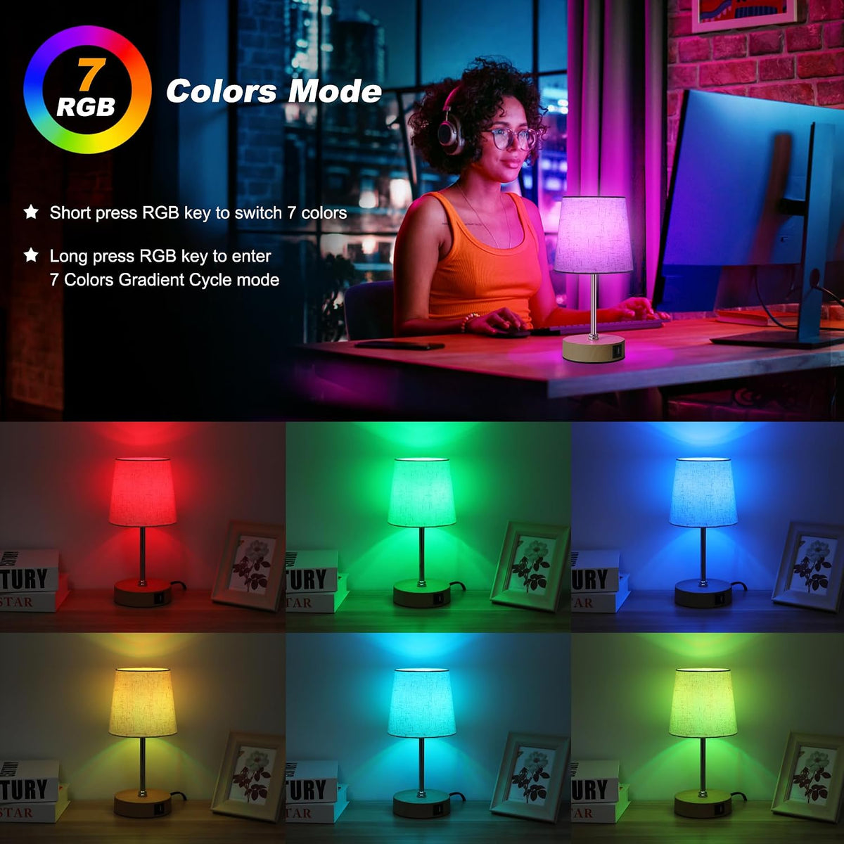 Ascher Small Bedside Table lamp, RGB Color Changing Lamps, 3 Color Temperatures, Dimmable Nightstand Lamp with USB C+A Ports, Touch Desk Lamp for Bedroom Living Room, H11.4in(Flaxen Shade)