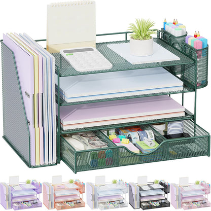 gianotter Desk Organizers and Accessories with File Holder, 4-Tier Desk Accessories & Workspace Organizers with Drawer and 2 Pen Holder, Paper Organizer for Office Supplies (Rose Gold)
