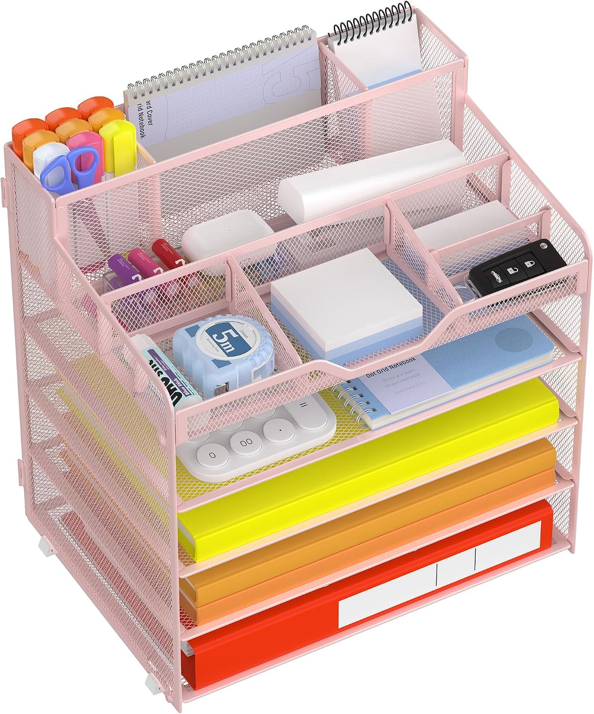 Docnest 5 Tier Mesh Desk Organizer for Paper Office Supplies – Multi-Functional Letter Tray with 5 Adjustable Compartments, 3 Pen Holders, Desktop Storage for Files, Mail, Stationery – Black