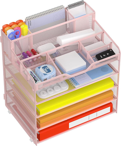 Docnest 5 Tier Mesh Desk Organizer for Paper Office Supplies – Multi-Functional Letter Tray with 5 Adjustable Compartments, 3 Pen Holders, Desktop Storage for Files, Mail, Stationery – Black