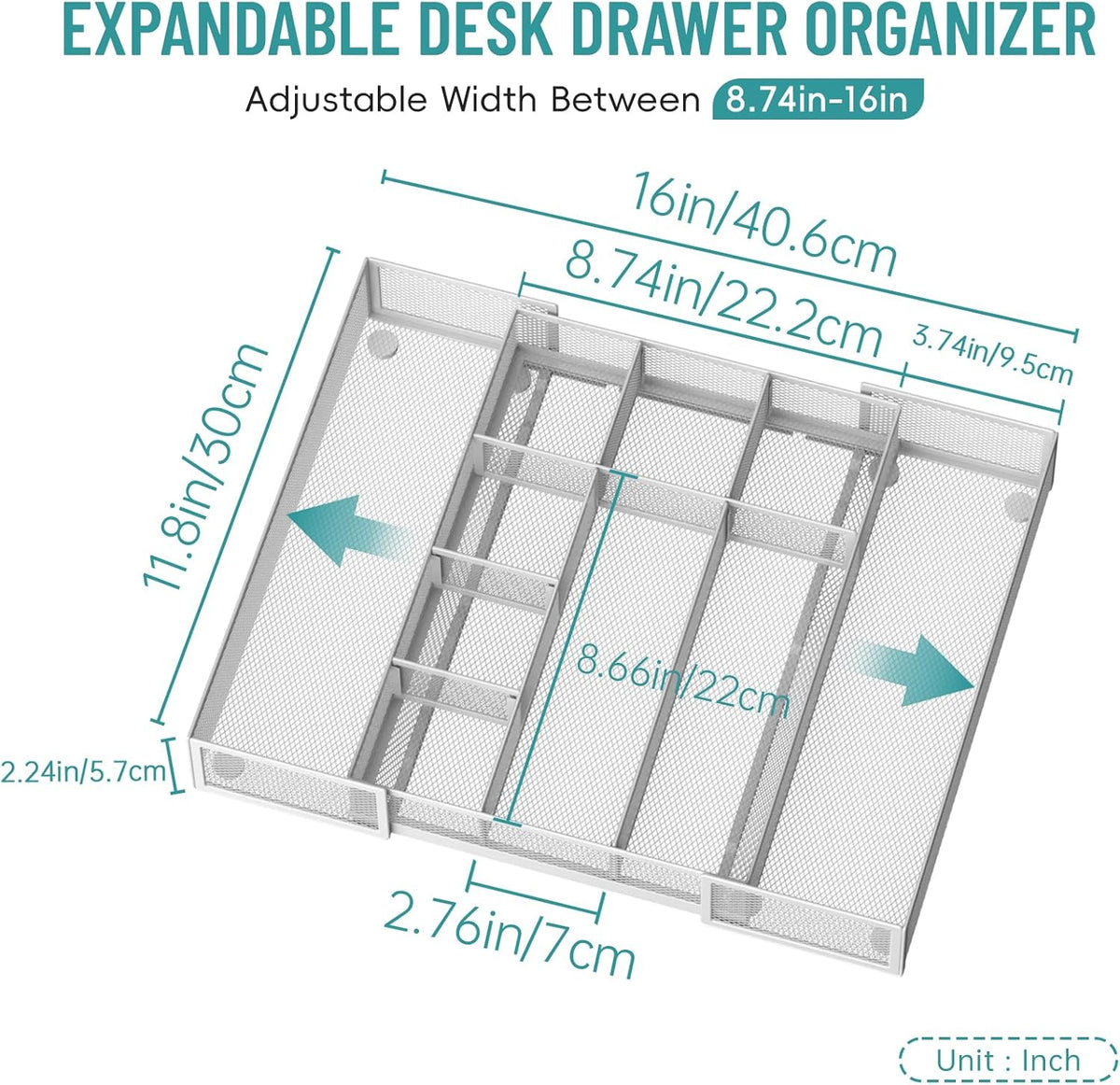 Expandable Desk Drawer Organizer Tray with 10 Adjustable Compartments, Metal Mesh Office Drawer Organizer, Versatile Desk Organizer for Home, School Supplies, Makeup Vanity & Jewelry (Black)