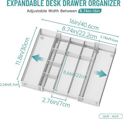 Expandable Desk Drawer Organizer Tray with 10 Adjustable Compartments, Metal Mesh Office Drawer Organizer, Versatile Desk Organizer for Home, School Supplies, Makeup Vanity & Jewelry (Black)