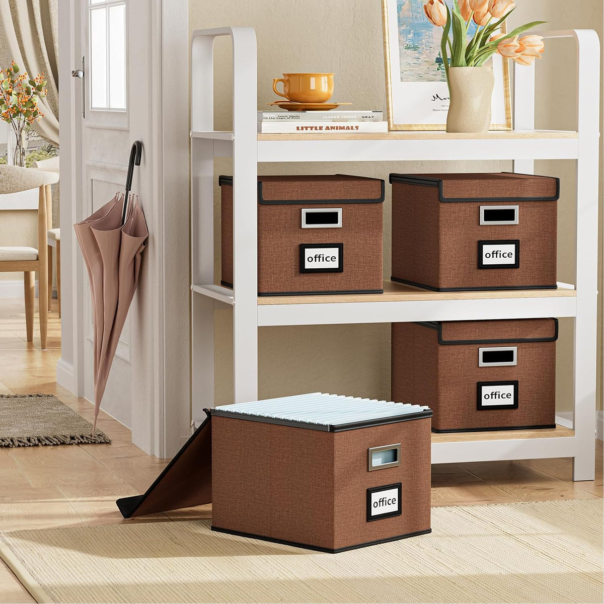 Upgraded Portable File Organizer Box with Lid, Collapsible Linen Hanging Filing Storage Boxes with Plastic Slides, Decorative Home/Office Filing System Box for File and Folders Storage (Gray)