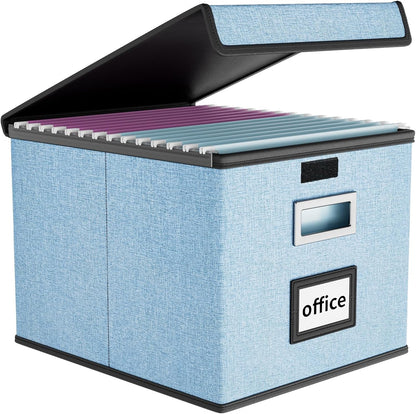 Upgraded Portable File Organizer Box with Lid, Collapsible Linen Hanging Filing Storage Boxes with Plastic Slides, Decorative Home/Office Filing System Box for File and Folders Storage (Gray)