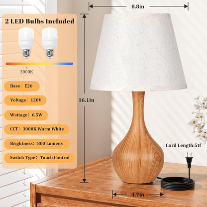 Seealle Touch Table Lamp for Bedroom, 3-Way Dimmable Small Bedside Lamps for Night Stands with Wires, Wood-Paint Desk Lamp for Kids Room, Office, Living Room, End Table(LED Bulb Included)