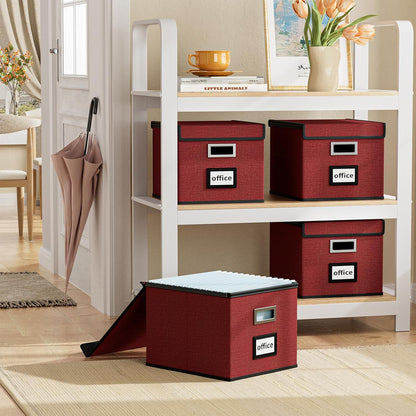Upgraded Portable File Organizer Box with Lid, Collapsible Linen Hanging Filing Storage Boxes with Plastic Slides, Decorative Home/Office Filing System Box for File and Folders Storage (Gray)