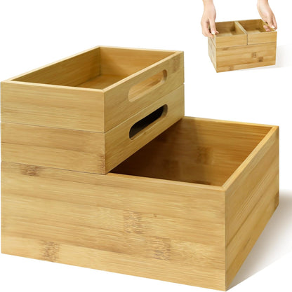 3-Piece Stackable Bamboo Storage Box, Large Storage Bin, Wooden Boxes for Makeup Drawer Organizer Bathroom, Office Supplies, Kitchen Utensils, Bamboo Storage Containers (Medium)