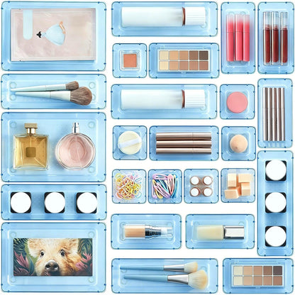 Vtopmart 25 PCS Clear Plastic Drawer Organizers Set, 4-Size Versatile Bathroom and Vanity Drawer Organizer Trays, Storage Bins for Makeup, Bedroom, Kitchen Gadgets Utensils and Office
