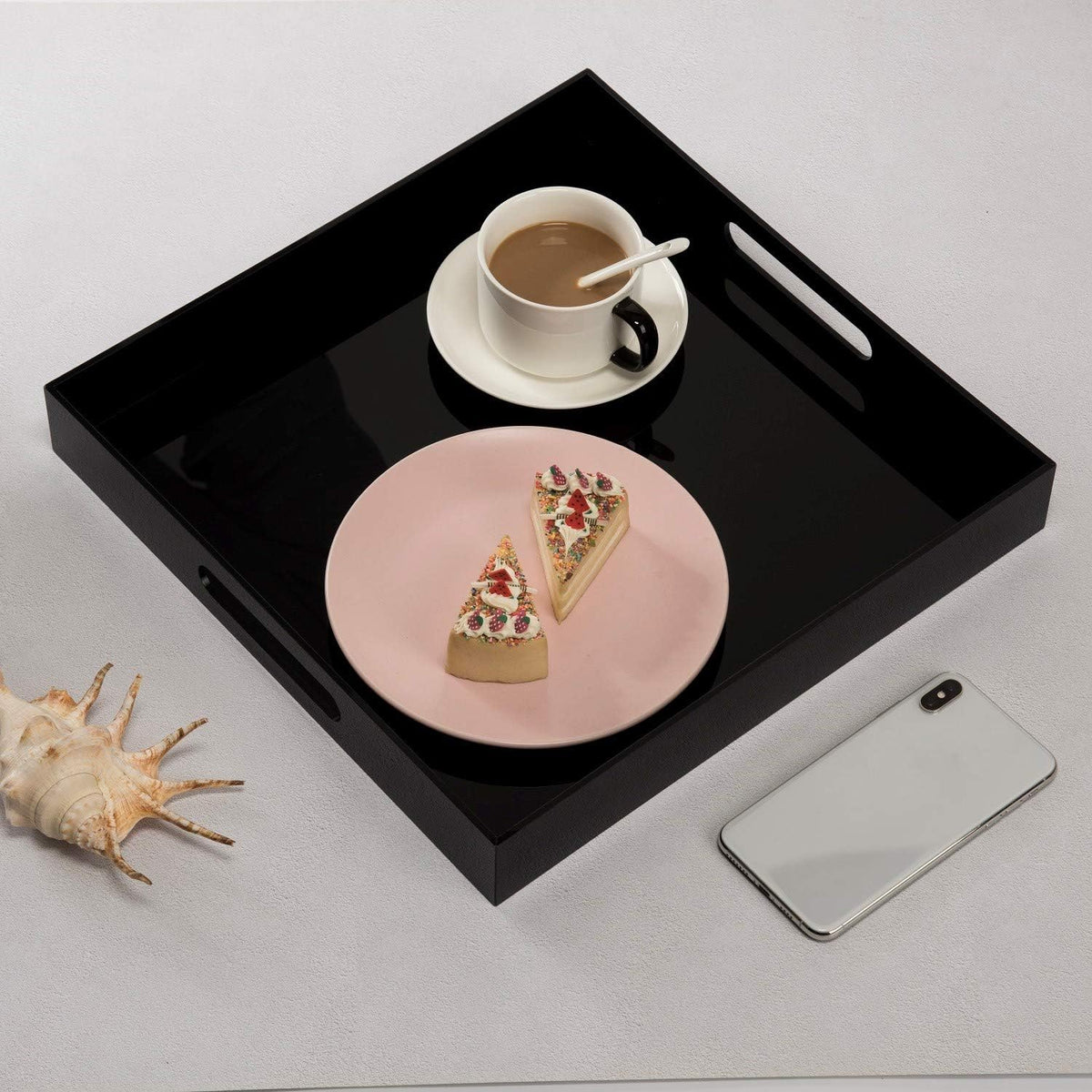 KEVLANG Glossy White Sturdy Acrylic Serving Tray with Handles-12x20 Inch-Serving Coffee Appetizer Breakfast-Kitchen Countertop Makeup Drawer Organizer-Vanity Table Ottoman Decorative Tray