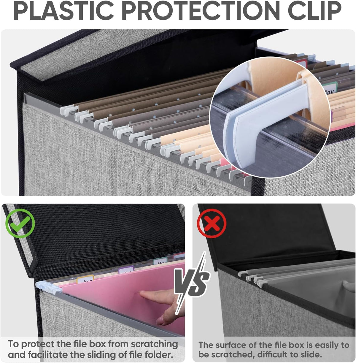 BALEINE File Organizer Box with Lid, Collapsible File Folder Organizer with Plastic Slide, Hanging File Folder Box for Office Document Storage (Black)