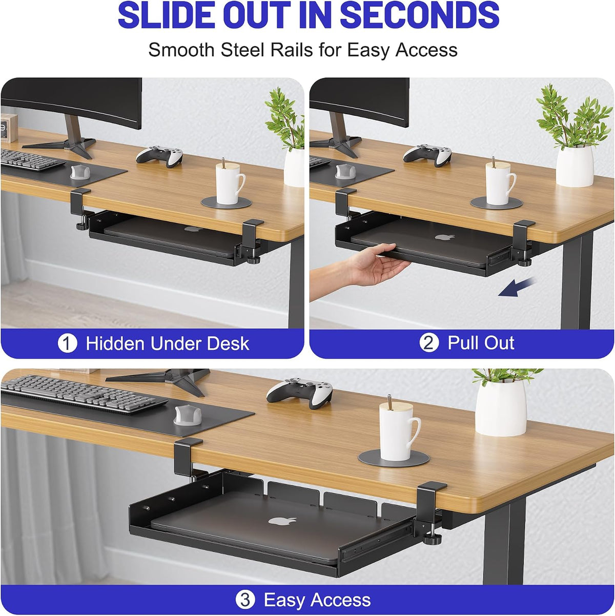 No Drill Under Desk Laptop Mount, Metal Under Desk Storage Shelf with Cable Management, Laptop Storage Tray for MacBook, Keyboard, Mac Mini, Anti-Scratch Silicone, Fits Office, Gaming, Workstations