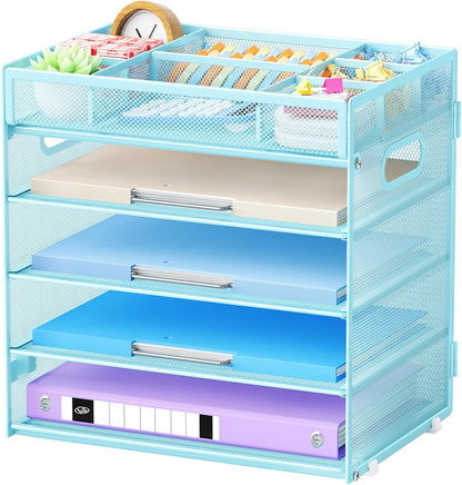 Marbrasse 5 Tier Paper Organizer Letter Tray, Mesh Desk File Organizer with Handle, Paper Sorter Desk Organizer for Home Office Supplies - Black, Adjustable