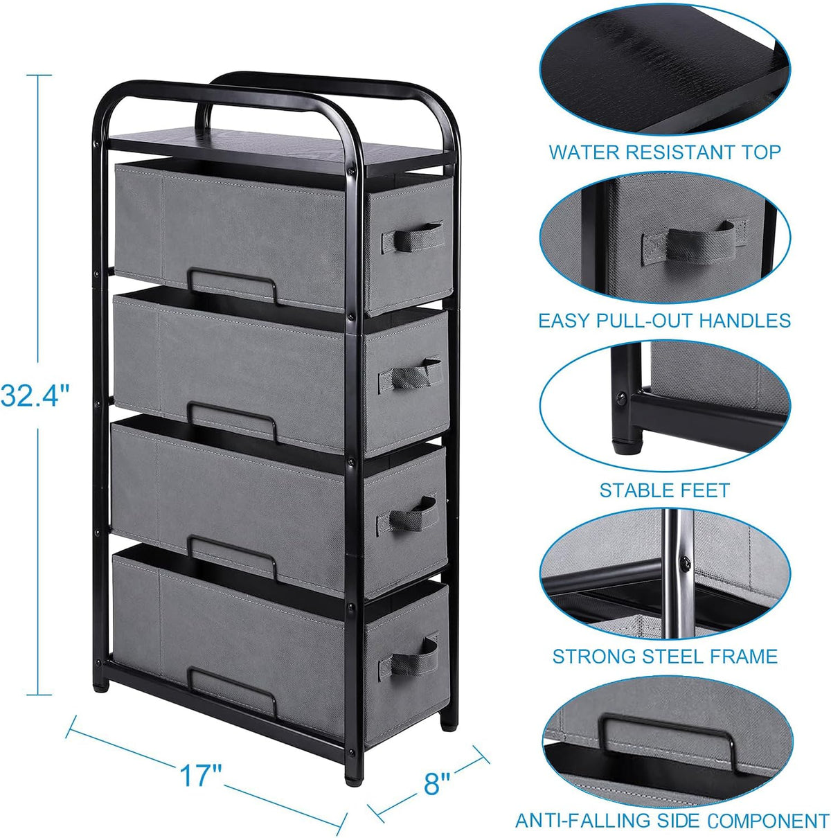 Dresser Storage with 3 Drawers, Fabric Dresser Tower, Vertical Storage Unit for Bedroom, Closet, Office, Black