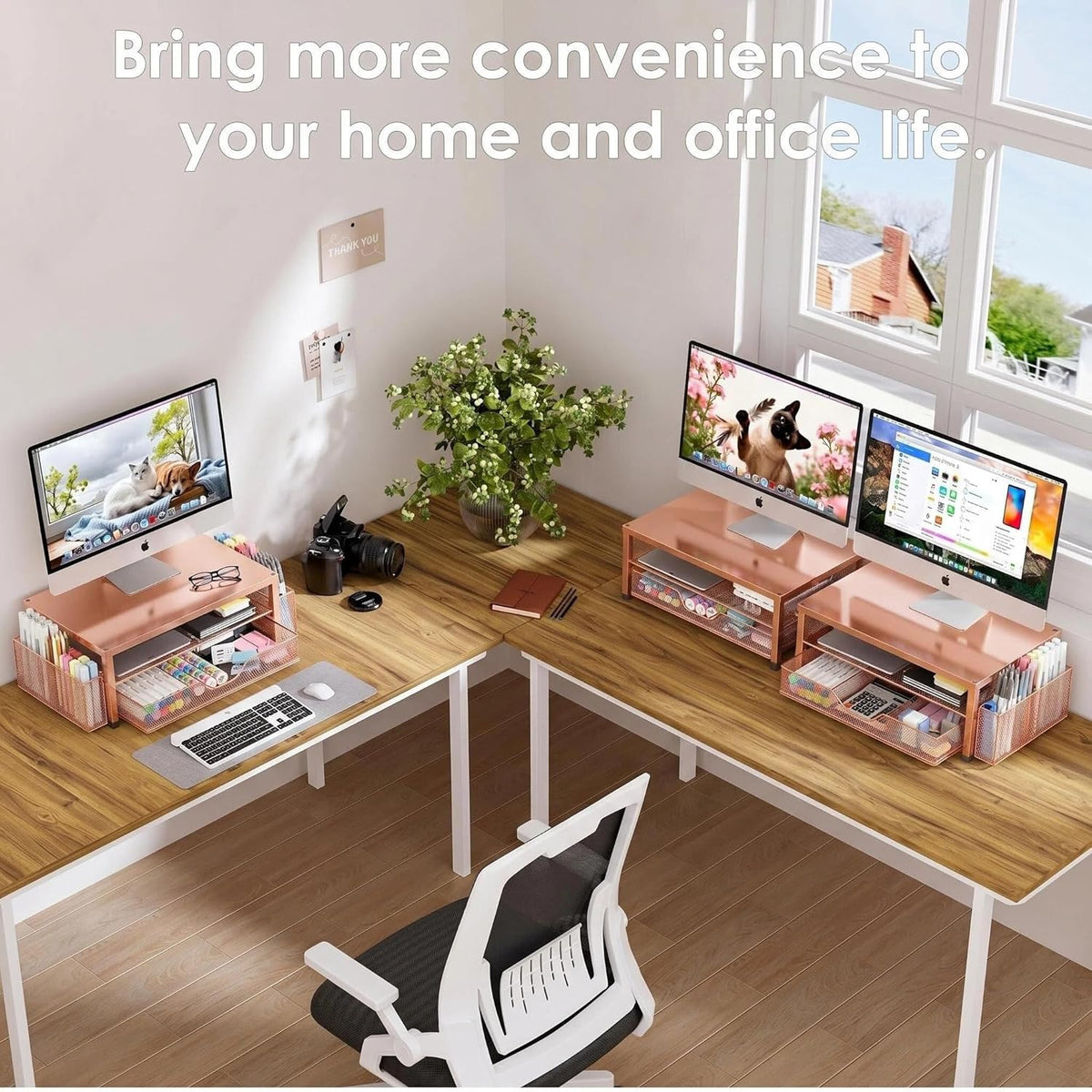 Desk Organizers and Accessories, Computer Monitor Stand Riser with Drawer and 2 Pen Holders, Printer & Laptop Stand, Office Desk Accessories & Workspace Organizers for Home Office Supplies, Black
