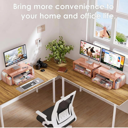 Desk Organizers and Accessories, Computer Monitor Stand Riser with Drawer and 2 Pen Holders, Printer & Laptop Stand, Office Desk Accessories & Workspace Organizers for Home Office Supplies, Black