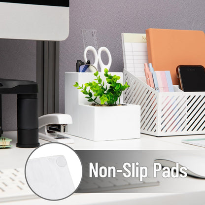 Ceramic Desktop Planter Pencil Cup, Desk Organizer with Faux Succulent, White