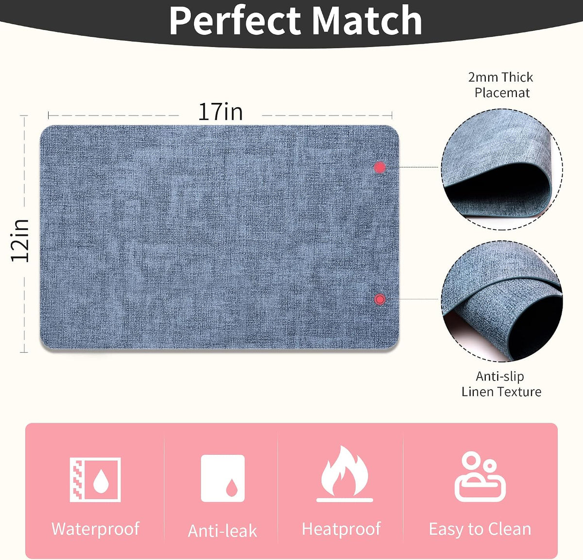 Maxpearl Faux Leather Placemats Set of 6 - Waterproof - Wipe Clean - Heat Resistant - Anti Slip Dining Table Place Mats, Suitable for Indoor & Outdoor Use, 17’’×12’’, Beige