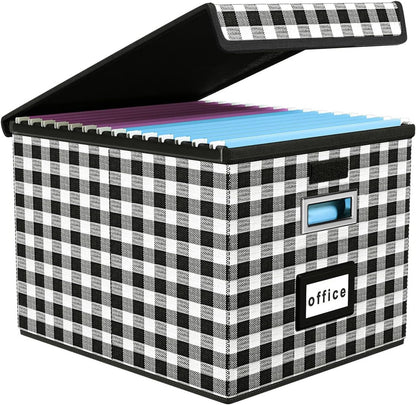 Upgraded Portable File Organizer Box with Lid, Collapsible Linen Hanging Filing Storage Boxes with Plastic Slides, Decorative Home/Office Filing System Box for File and Folders Storage (Gray)