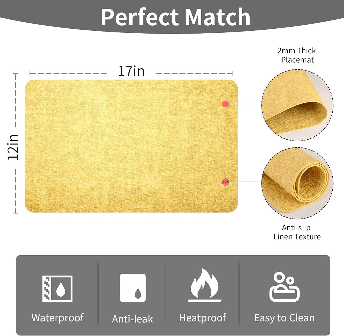 Maxpearl Faux Leather Placemats Set of 6 - Waterproof - Wipe Clean - Heat Resistant - Anti Slip Dining Table Place Mats, Suitable for Indoor & Outdoor Use, 17’’×12’’, Beige