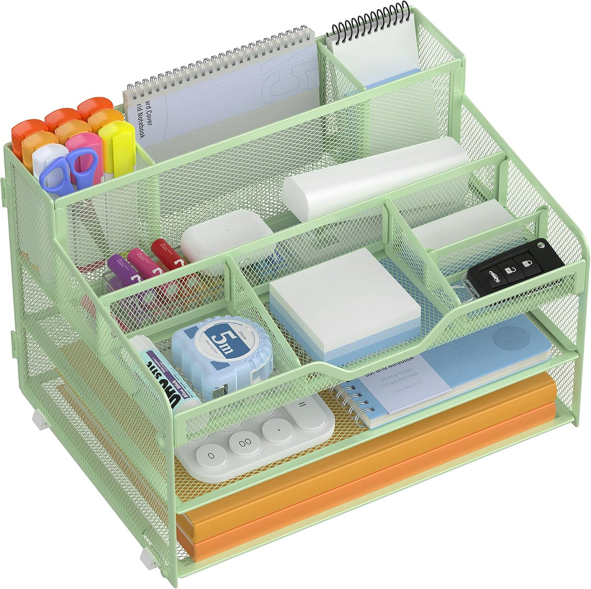 Docnest 5 Tier Mesh Desk Organizer for Paper Office Supplies – Multi-Functional Letter Tray with 5 Adjustable Compartments, 3 Pen Holders, Desktop Storage for Files, Mail, Stationery – Black