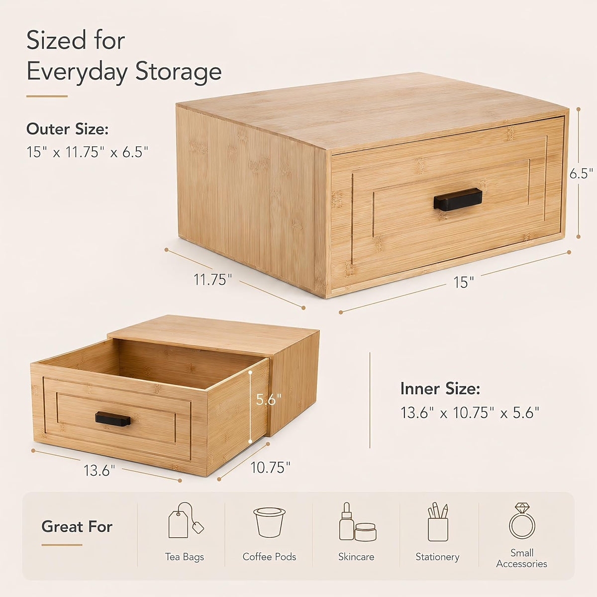 Kingrol Bamboo Storage Drawer, Stackable Single Drawer Organizer for Desk, Shelf, Closet, Entryway, Coffee Station, Vanity and Bathroom Counter, Natural Bamboo, 15 x 11.75 x 6.5 Inch