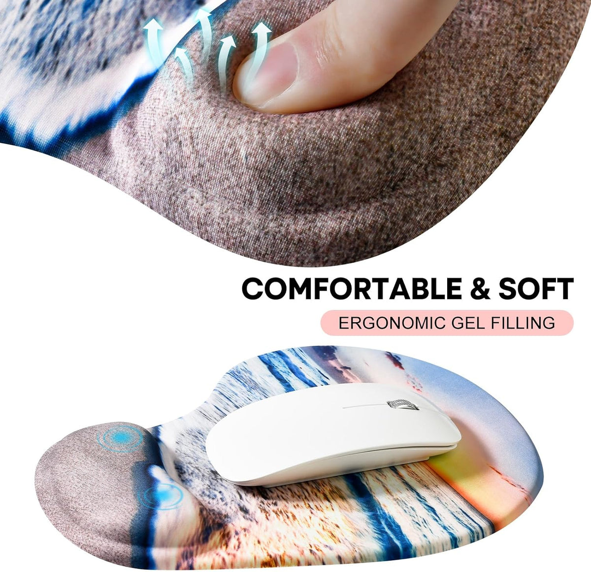JIKIOU Mouse Pad, 2 Pack Ergonomic Mouse Pads with Comfortable Gel Wrist Rest Support and Smooth Cloth, Non-Slip PU Base for Easy Typing Pain Relief Durable and Easy to Clean Small Black