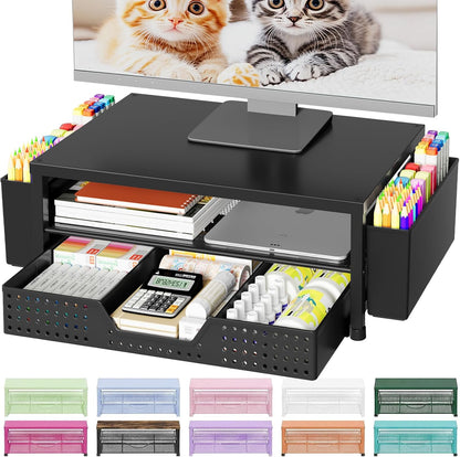 Desk Organizers and Accessories, Computer Monitor Stand Riser with Drawer and 2 Pen Holders, Printer & Laptop Stand, Office Desk Accessories & Workspace Organizers for Home Office Supplies, Black