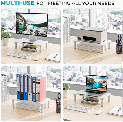 BONTEC Adjustable Monitor Stand Riser with Drawer, Ergonomic Mesh Platform Computer Monitor Stand for Desk, Ventilated Laptop and PC Stand with Cable Management, Supports up to 44lbs