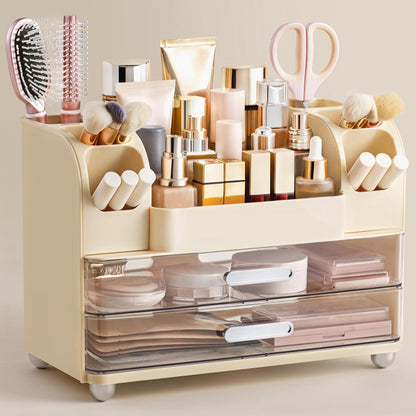 HBlife Makeup Organizer for Vanity with Brush Holder, Large Bathroom Countertop Cosmetic Organizer Skin Care Storage, Easy to Store Lipsticks, Nail Polishes, Perfumes, Eyeshadow Palettes, All White