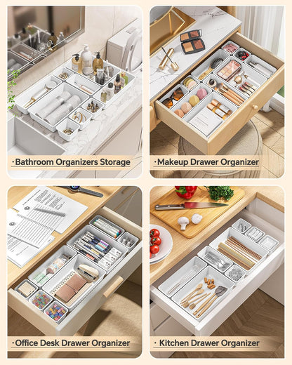 KEMETHY 25 PCS Plastic Drawer Organizers Set, 4 Sizes Vanity Organizer, Makeup and Desk Drawer Organizer Trays, Organization and Storage for Makeup, Bathroom, Kitchen Utensils and Office (Black)