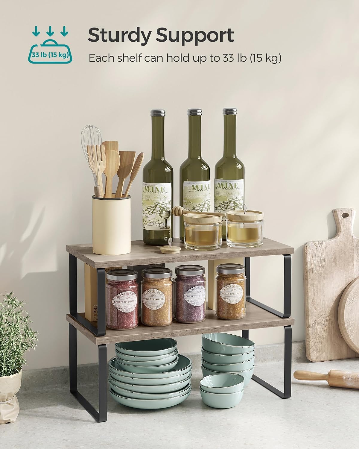 SONGMICS Cabinet Organizer Shelf, Set of 4 Kitchen Counter Shelves, Kitchen Storage, Spice Rack, Stackable, Expandable, Metal and Engineered Wood, Cloud White and Natural Beige UKCS010N01