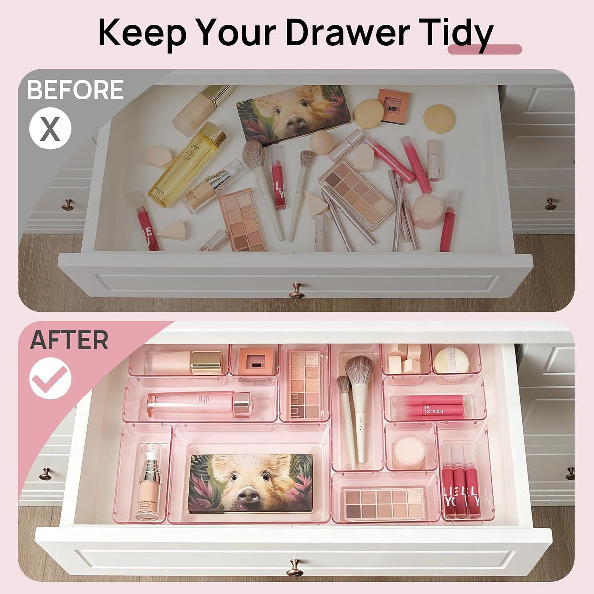 Vtopmart 25 PCS Clear Plastic Drawer Organizers Set, 4-Size Versatile Bathroom and Vanity Drawer Organizer Trays, Storage Bins for Makeup, Bedroom, Kitchen Gadgets Utensils and Office