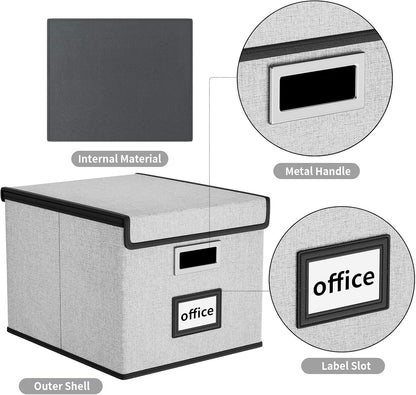 Upgraded Portable File Organizer Box with Lid, Collapsible Linen Hanging Filing Storage Boxes with Plastic Slides, Decorative Home/Office Filing System Box for File and Folders Storage (Gray)