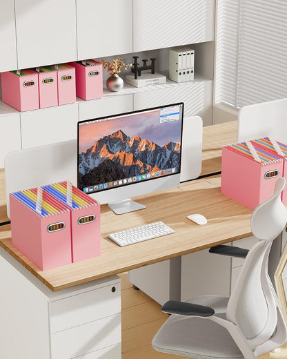 Oterri File Organizer Box, Portable Collapsible Cardboard File Folder Organizer with Handle for Letter Size Hanging Files, Document Storage Box for Home Office & Classroom (Pink)
