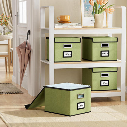 Upgraded Portable File Organizer Box with Lid, Collapsible Linen Hanging Filing Storage Boxes with Plastic Slides, Decorative Home/Office Filing System Box for File and Folders Storage (Gray)