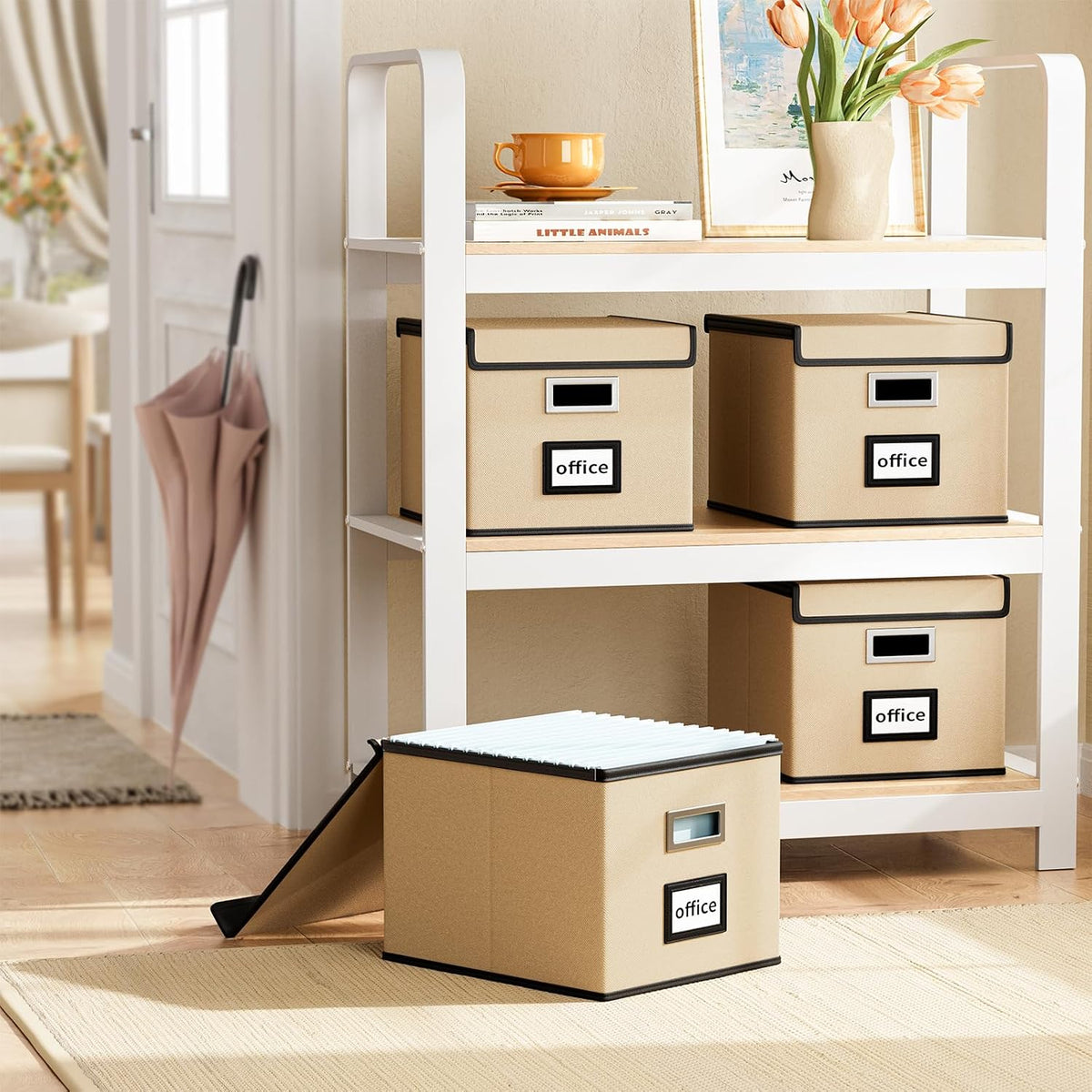 Upgraded Portable File Organizer Box with Lid, Collapsible Linen Hanging Filing Storage Boxes with Plastic Slides, Decorative Home/Office Filing System Box for File and Folders Storage (Gray)