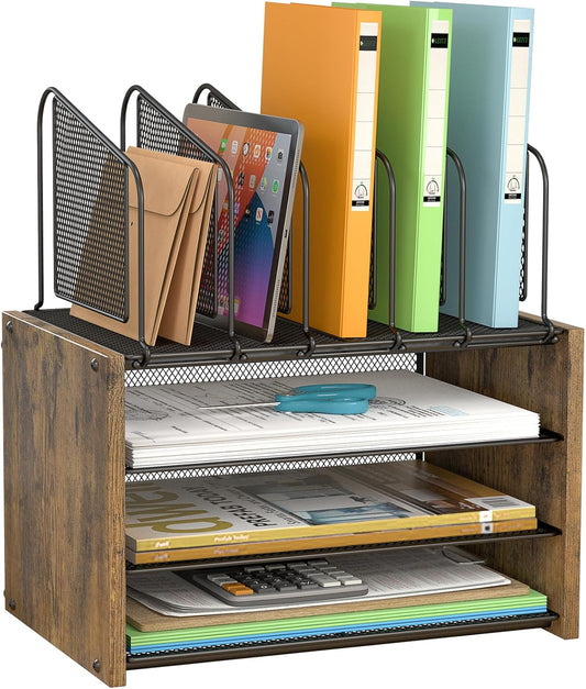DAOUTIME 4-Tier Mesh Desk Organizer, Wooden Desk File Organizer with 5 Vertical File Holders and 2 Pen Holders, Desktop Organizers and Accessories with Drawer for Home Office