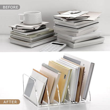 SANRUI Acrylic Mail Sorter Desktop Organizer Holder with Drawer, 5 Compartments Clear Small File Script Letter Document Storage for Desk Bill Filling Envelope Holder Office, Home, School Organization