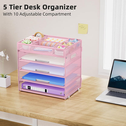 Marbrasse 5 Tier Paper Organizer Letter Tray, Mesh Desk File Organizer with Handle, Paper Sorter Desk Organizer for Home Office Supplies - Black, Adjustable