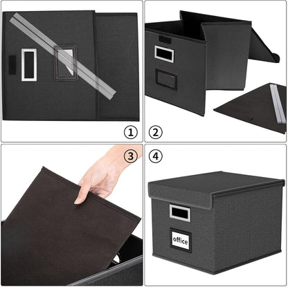Upgraded Portable File Organizer Box with Lid, Collapsible Linen Hanging Filing Storage Boxes with Plastic Slides, Decorative Home/Office Filing System Box for File and Folders Storage (Gray)
