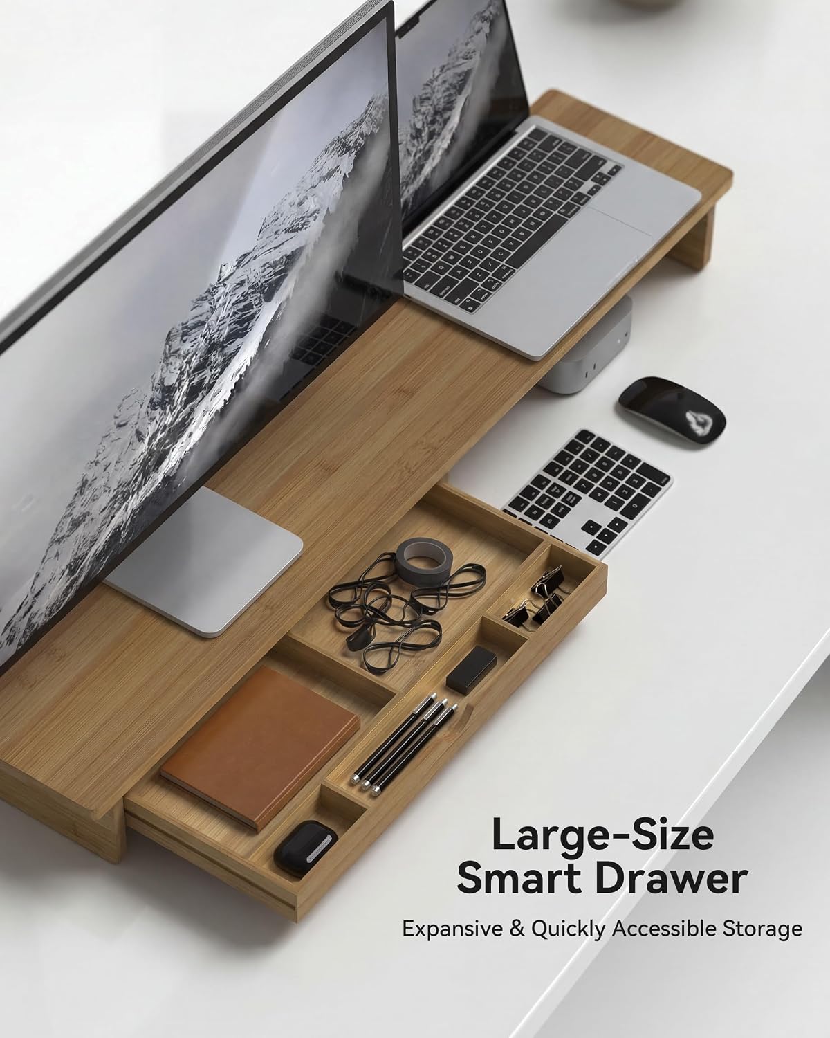 Bamboo Monitor Stand with Large Storage Drawer,23 Inch Ergonomic Computer Riser for Desk, Holds Up to 220lbs, Screen Shelf with 5 Compartments for Keyboard & Stationery Organization