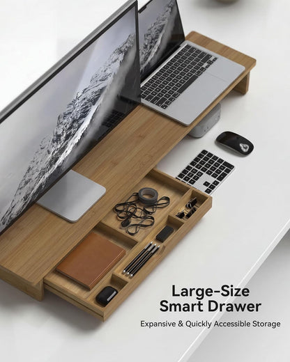 Bamboo Monitor Stand with Large Storage Drawer,23 Inch Ergonomic Computer Riser for Desk, Holds Up to 220lbs, Screen Shelf with 5 Compartments for Keyboard & Stationery Organization