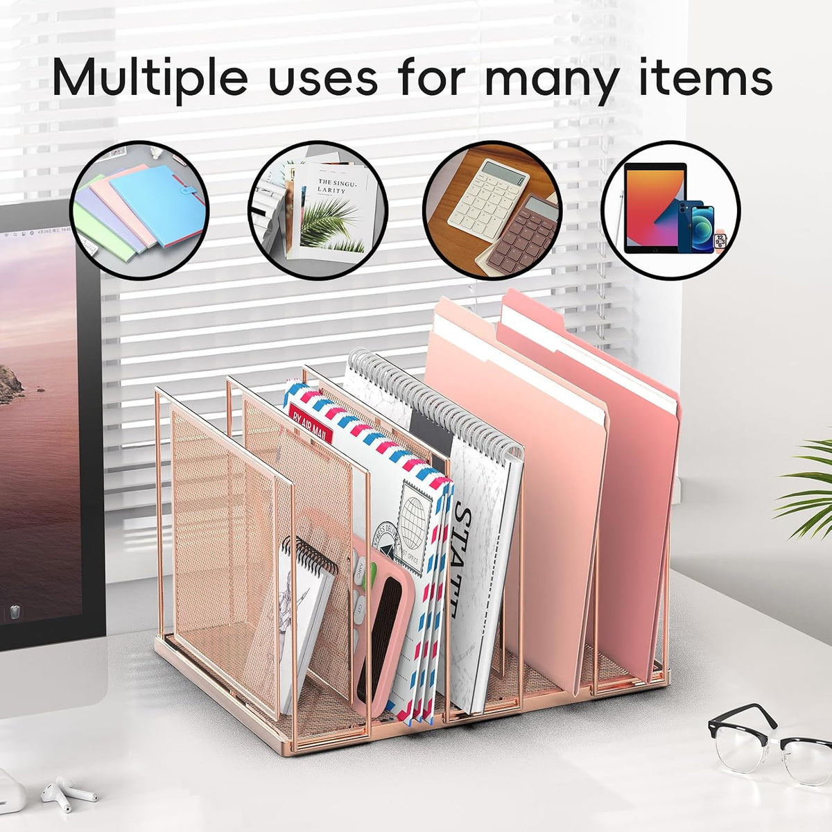 File Organizer for Desk, 5-Section Vertical File Sorter, Paper Holder Organizer Standing Metal File Folder for Office Home Classroom, Black