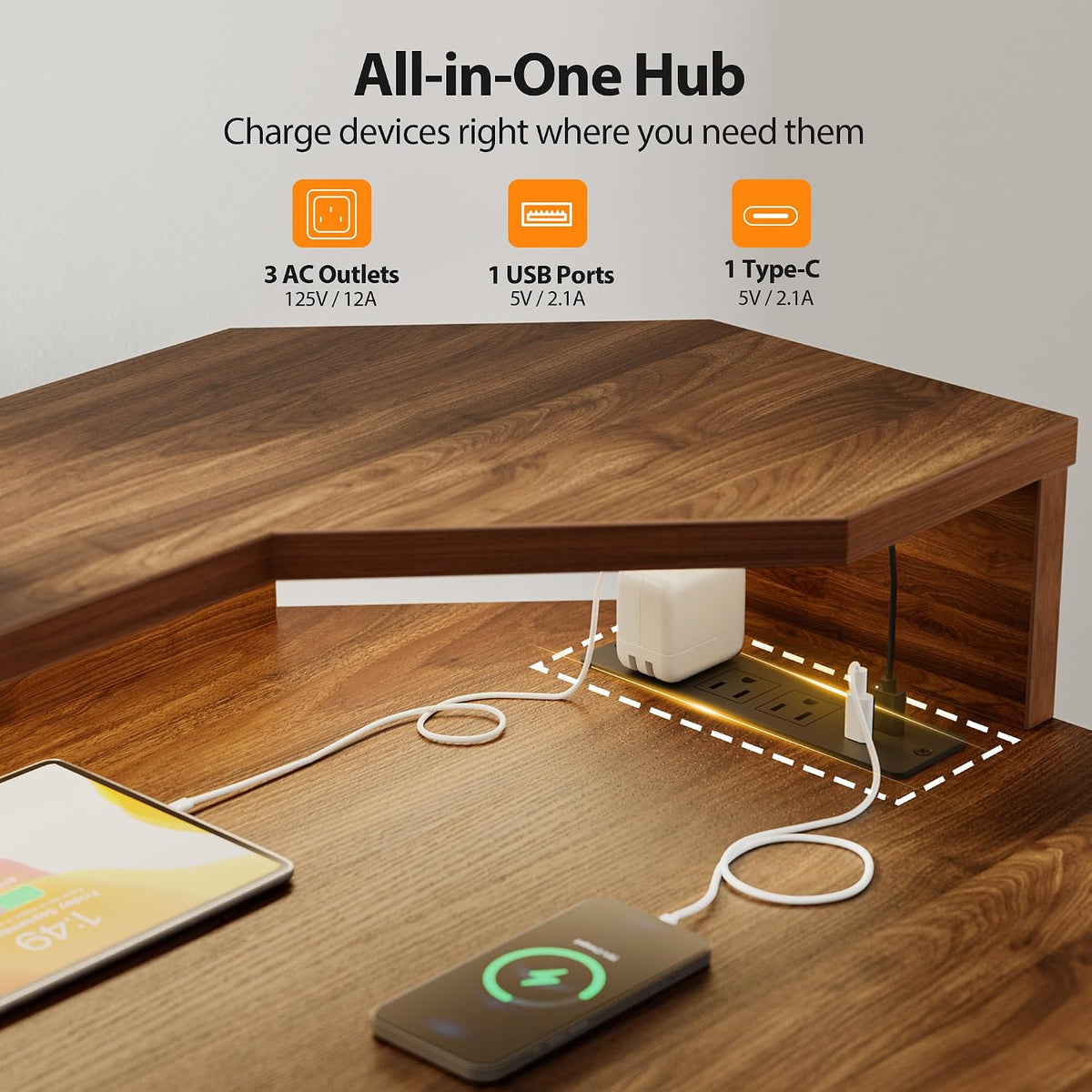 48 * 24 Inch Electric Standing Desk with Shelf & Led, Dark Walnut