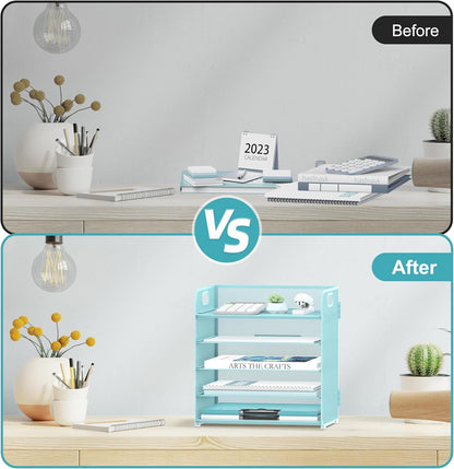 Supeasy 5 Trays Paper Organizer Letter Tray with Handle-Mesh Desk File Holders, Paper Sorter Desk Organizer for Office, Home, Classroom or School