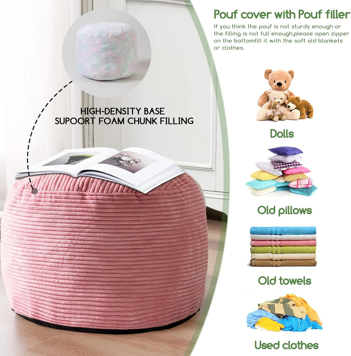 Round Stuffed Pouf Ottoman, Corduroy Poufs with Foam Chunk Filling, Furry and Fluffy Pouf Foot Stool Storage Ottoman, 20 X 15 Floor Poufs Foot Rest for Living Room, Dark Grey